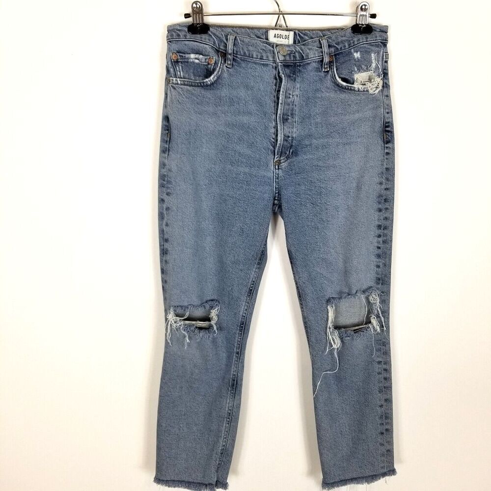 AGOLDE Women Nico‎ High Rise Slim Crop Jeans Sz 30 Blue Distressed